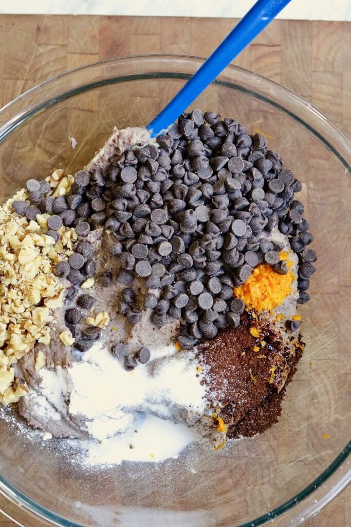 ingredients for vegan black bean brownies in a mixing bowl