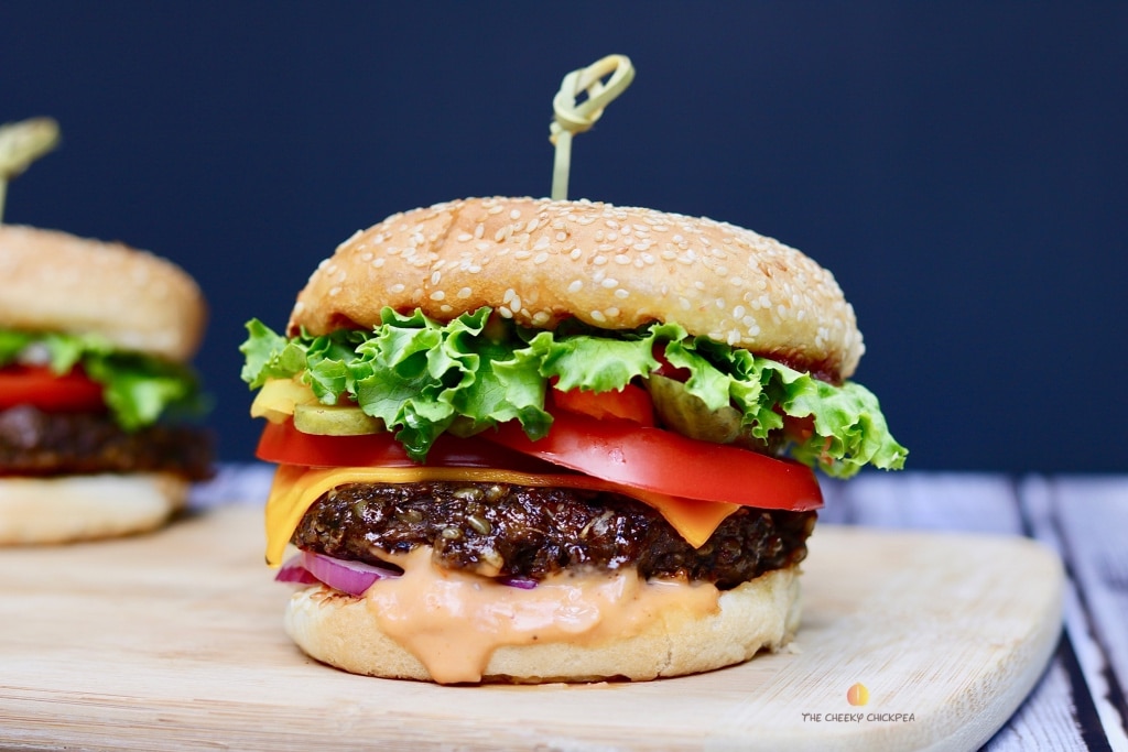 best vegan burger on a wooden cutting board