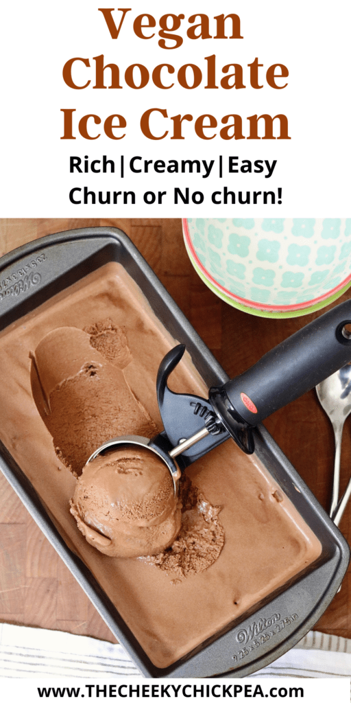 vegan chocolate ice cream being scooped from a container
