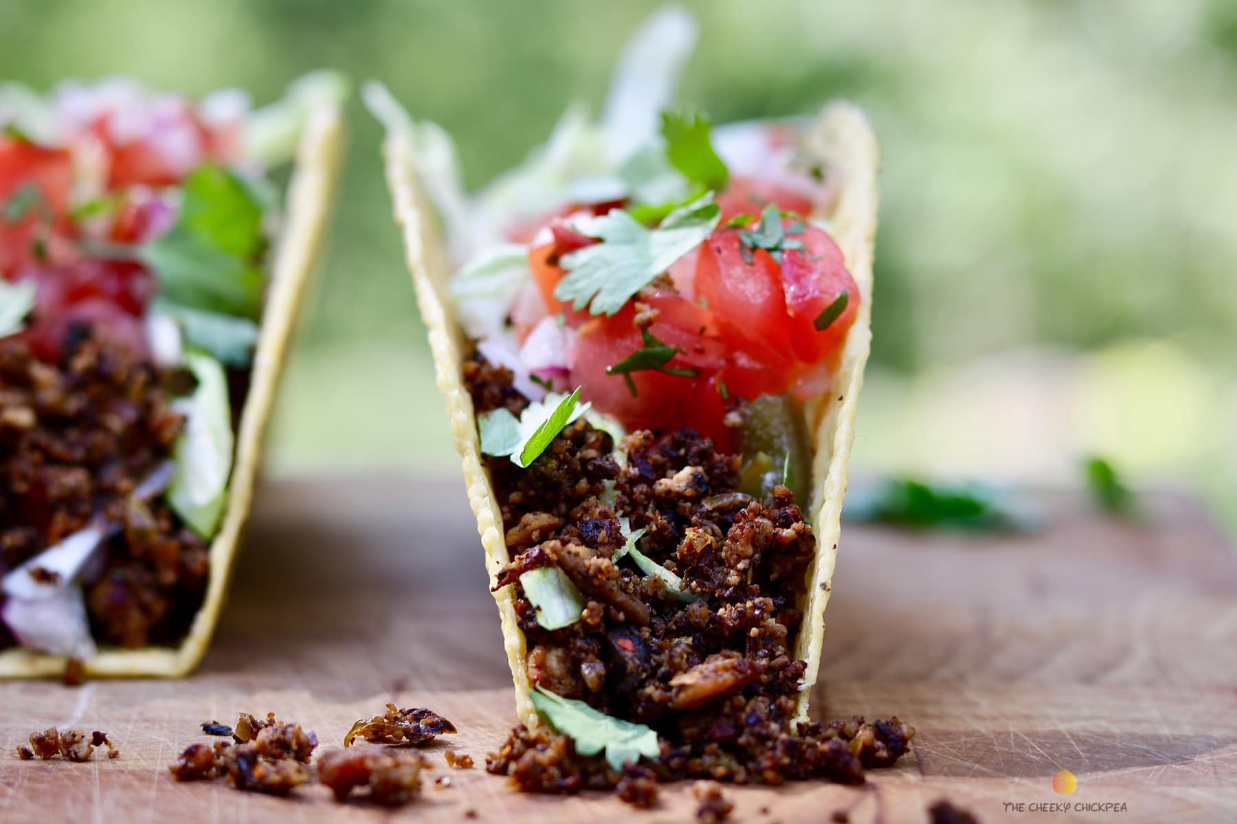 Tasty Tex Mex Vegan Taco Meat Recipe on a wooden cutting board