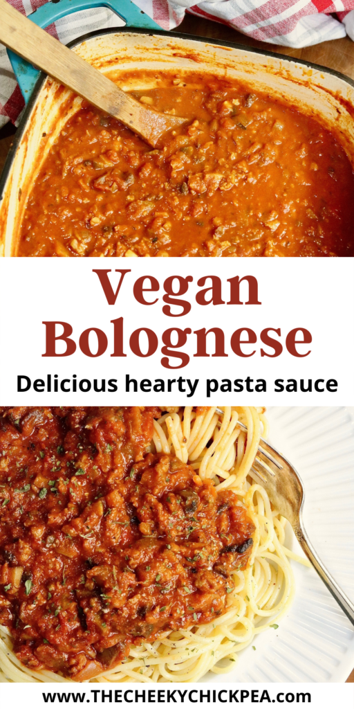 vegan bolognese sauce in a pot and on plate with spaghetti