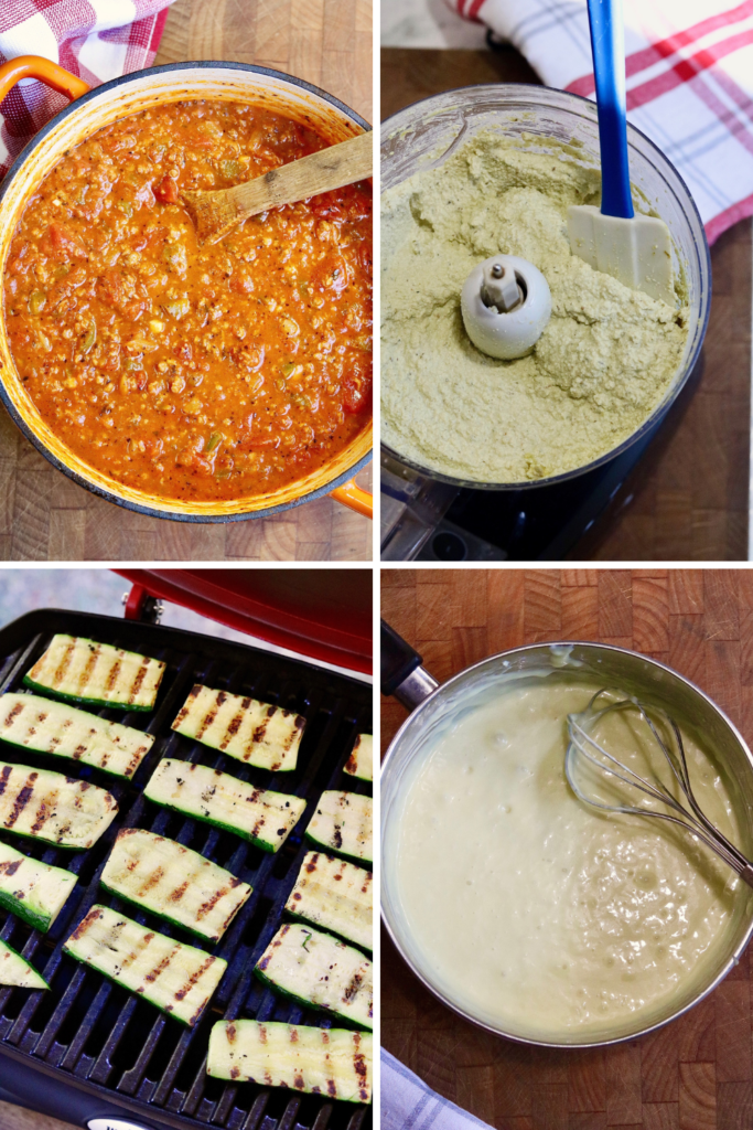 ingredients needed for vegan lasagna, bolognese sauce, zucchini, ricotta cheese sauce