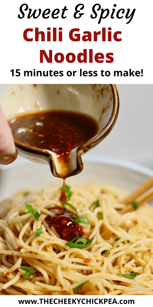 sweet and spicy sauce poured over a bowl of garlic noodles