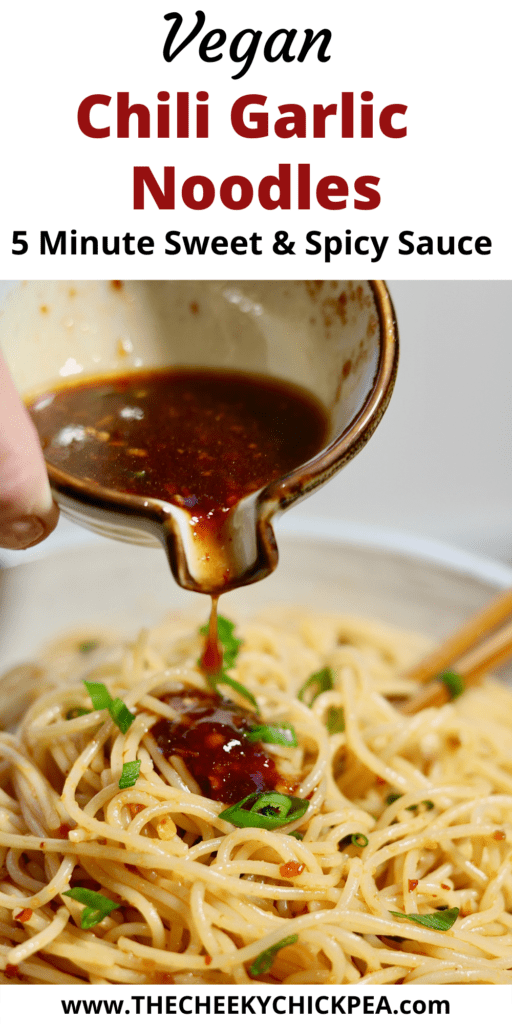 sweet and spicy chili garlic sauce being poured on noodles in a bowl