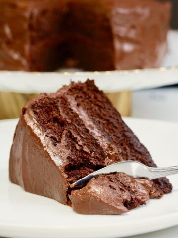 a slice of vegan chocolate cake on a plate with a fork