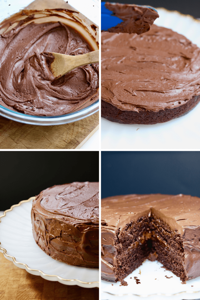 step by step photos how to make chocolate frosting and assemble the cake