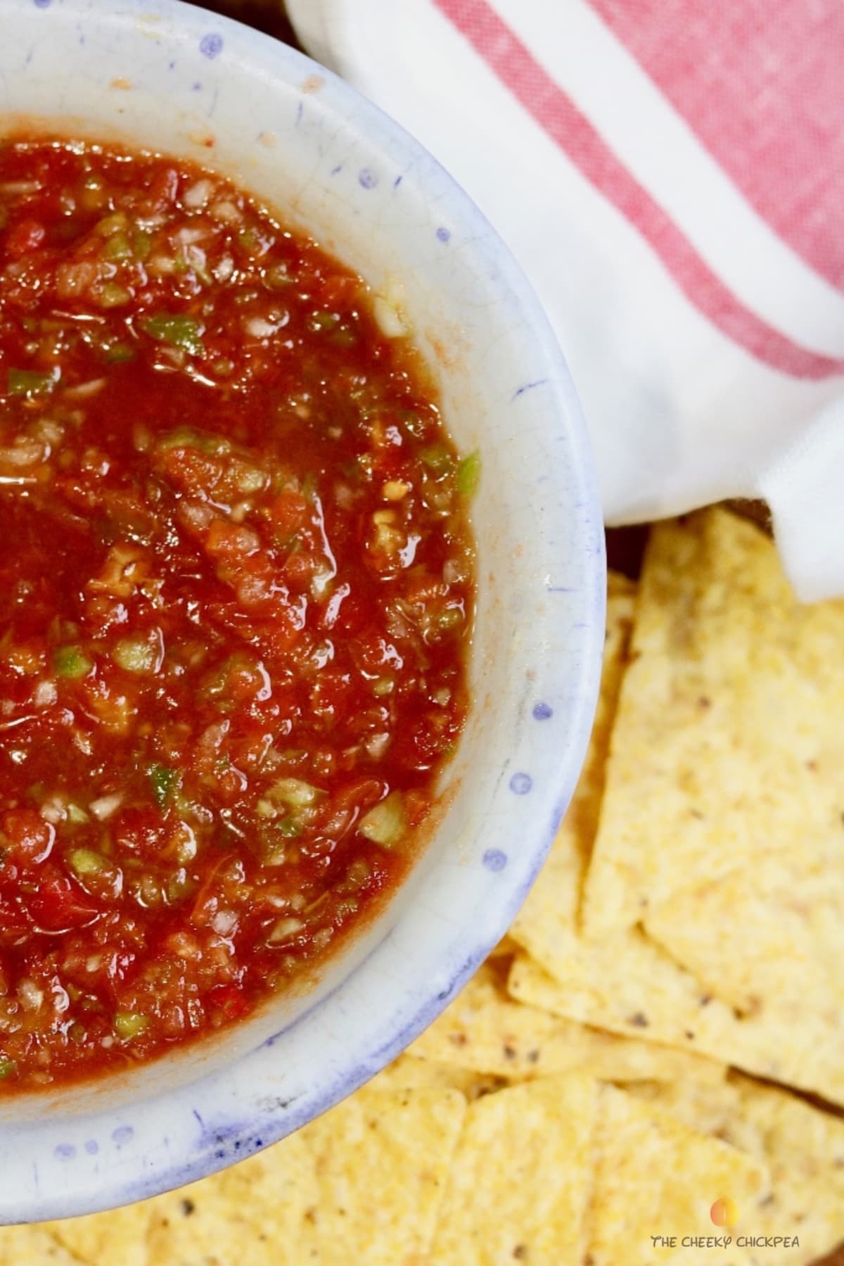 restaurant style salsa in a white bowl surrounded by tortilla chips