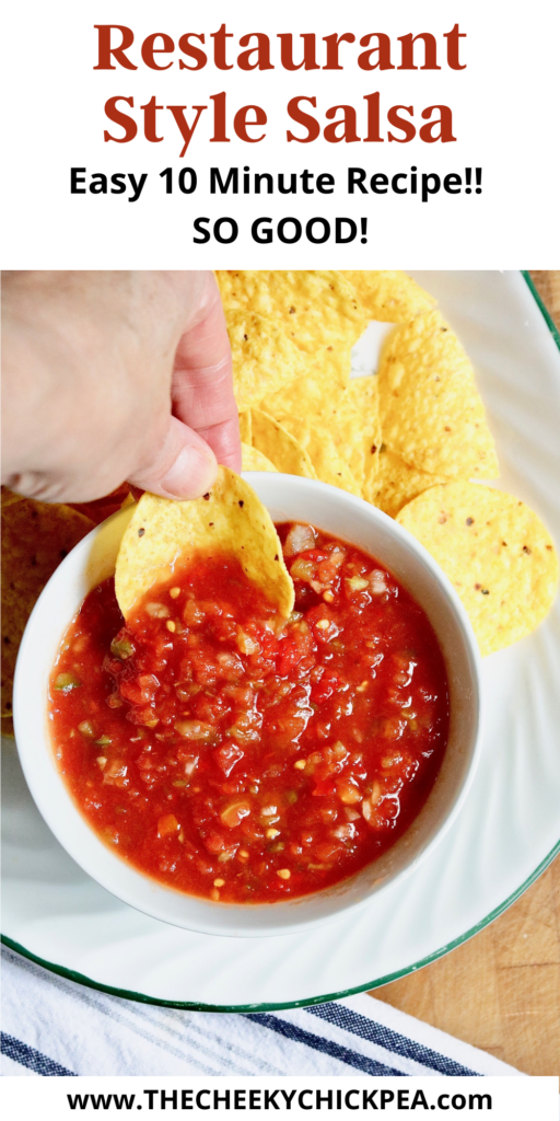 restaurant style salsa in a bowl served beside tortilla chips