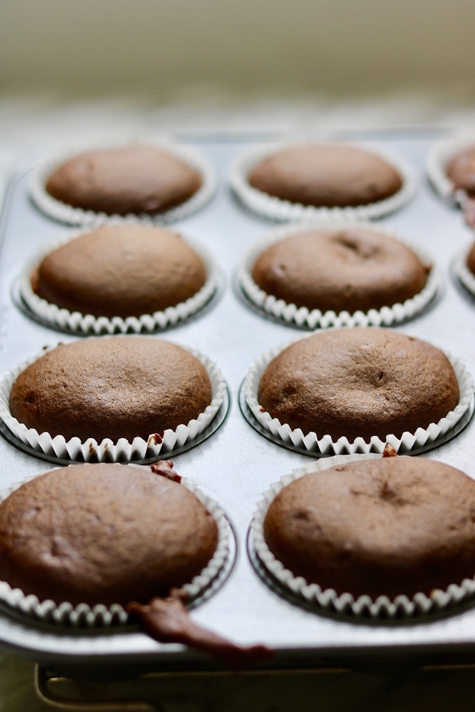 vegan chocolate cupcakes in pan fresh from oven