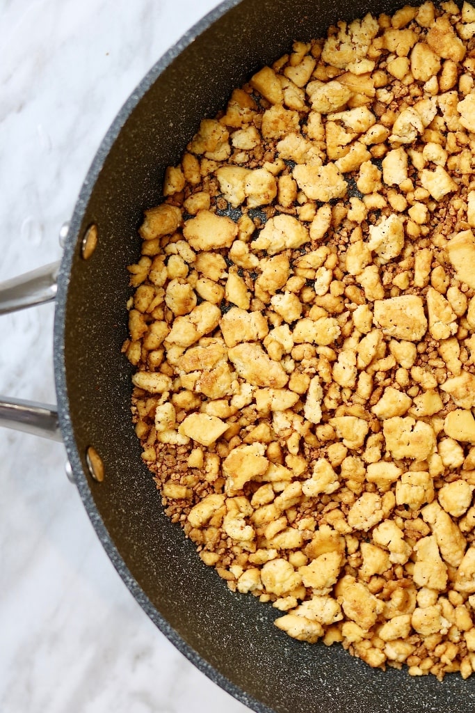 tofu crumbles in a skillet for vegan hamburger soup