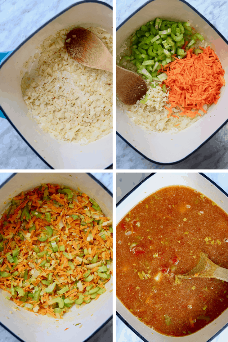 a four step picture of vegan hamburger soup being made