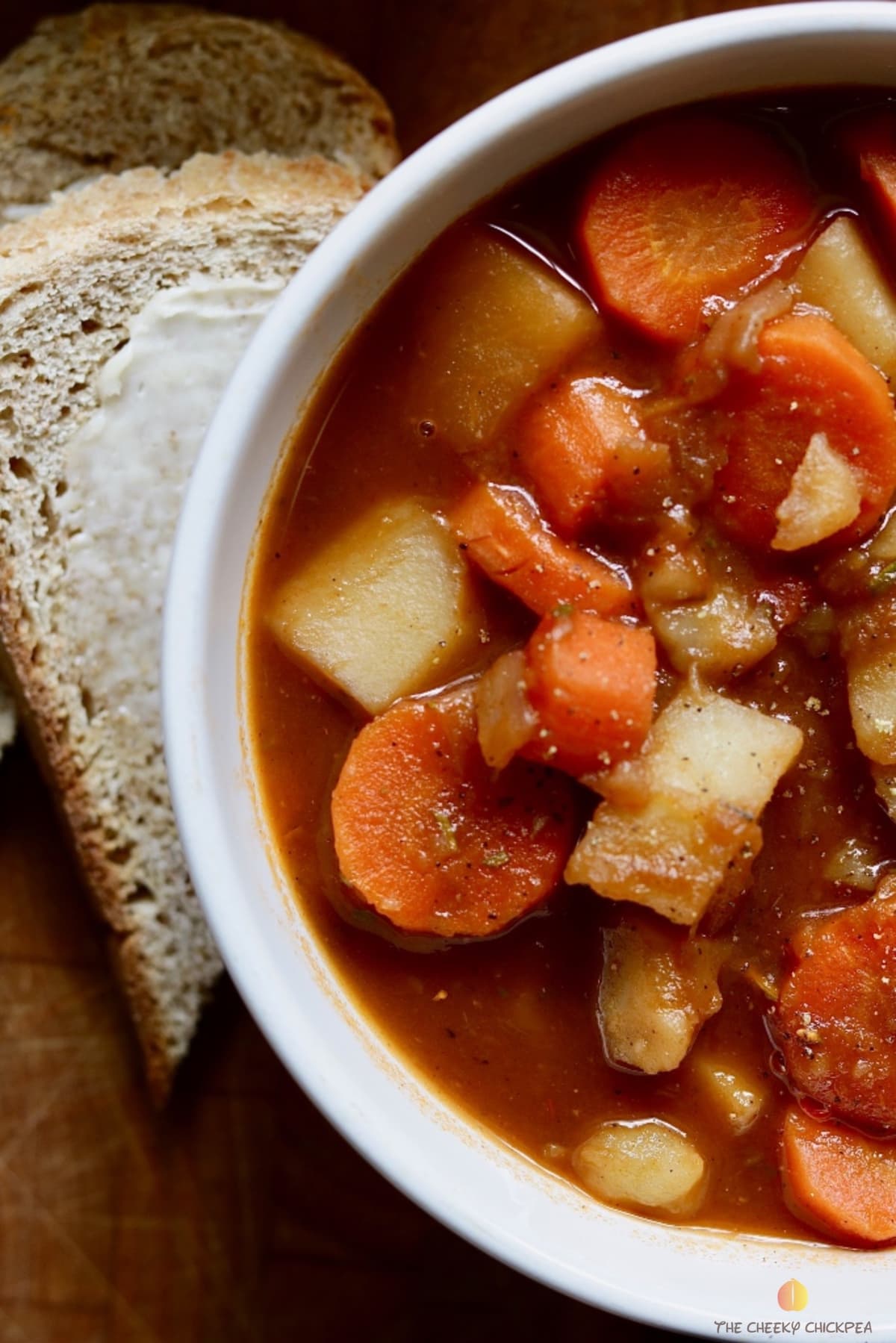 close up picture of a bowl of hearty vegan stew