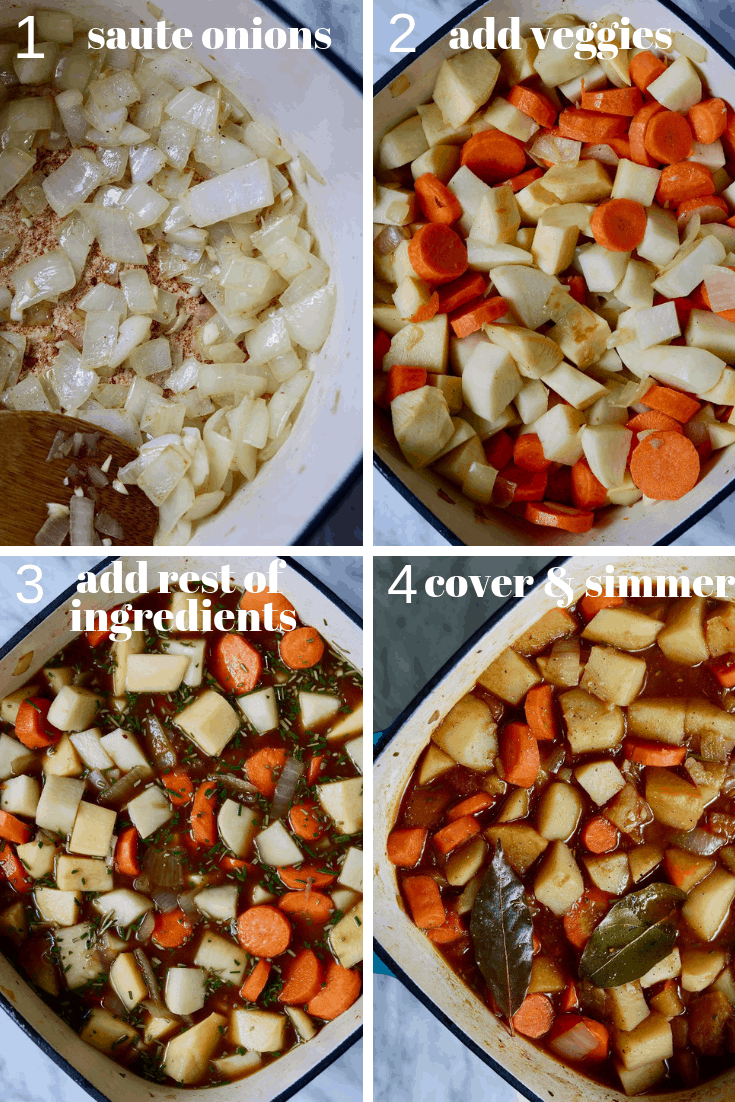 4 step by step photos of hearty vegan stew being made