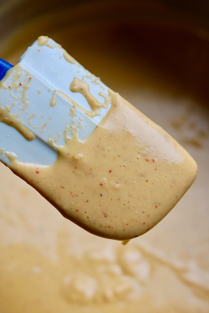 vegan nacho cheese sauce on a spatula
