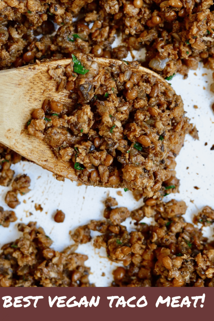 vegan taco meat on a wooden spoon