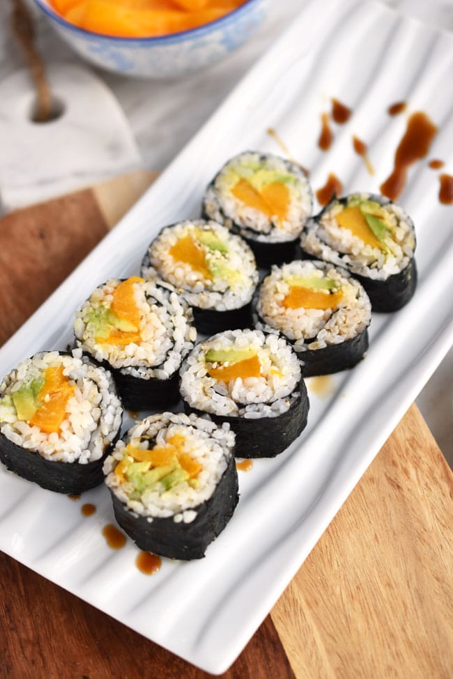 peach avocado sushi for vegan potluck recipe roundup