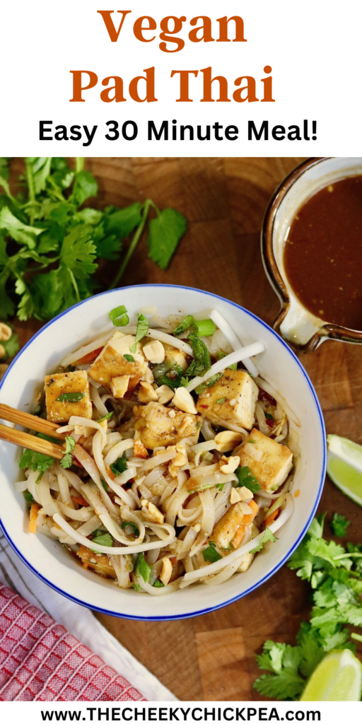 vegan pad thai in a bowl with chopsticks