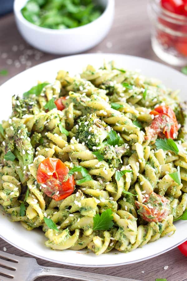 vegan pesto pasta for vegan potluck recipe roundup