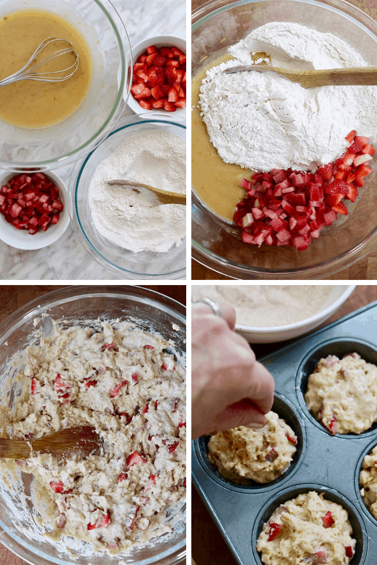 four picture collage how to make strawberry rhubarb muffins 