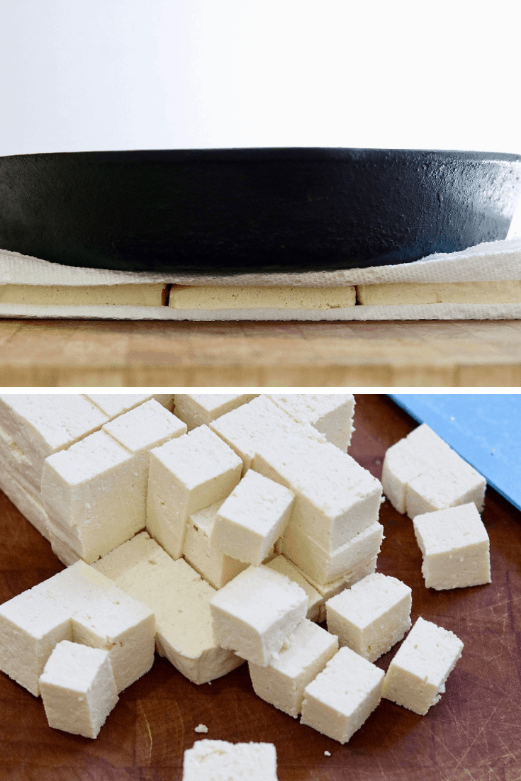 tofu being pressed then cut into cubes