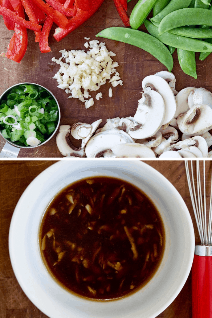 cut up veggies and sauce for tofu stir fry