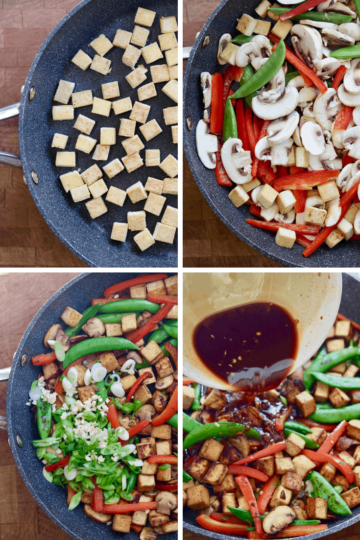 four picture collage of tofu stir fry being cooked in a skillet 