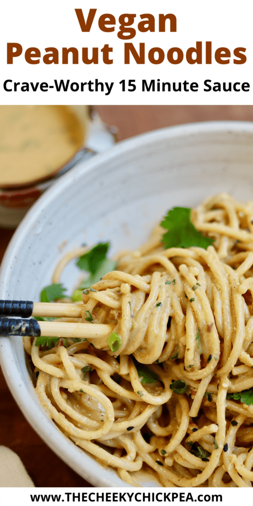 vegan peanut noodles in a bowl with chopsticks