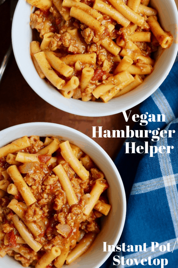 two bowls of vegan hamburger helper ready to serve