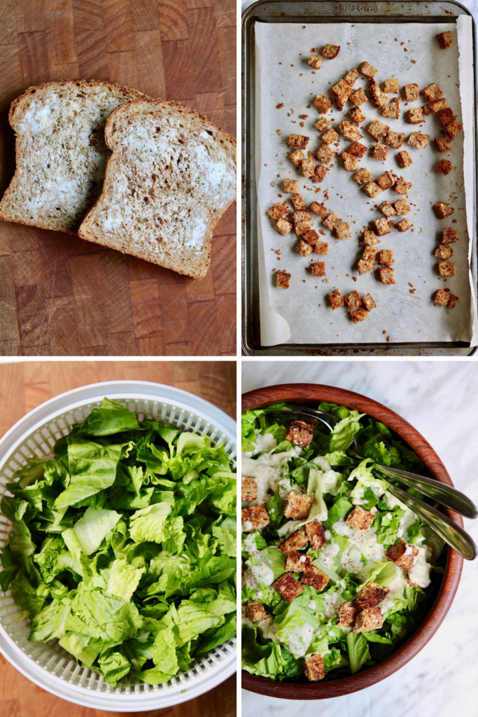 step by step photos how to assemble vegan Caesar salad
