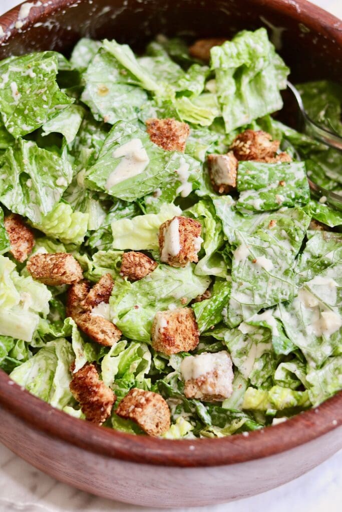 vegan Caesar salad dressed in a bowl ready to serve