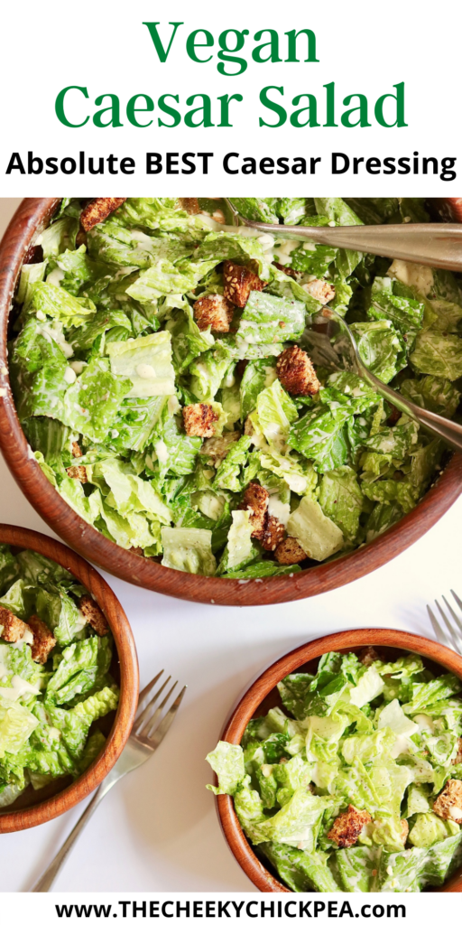 vegan caesar salad dressed in a large bowl and two small serving bowls