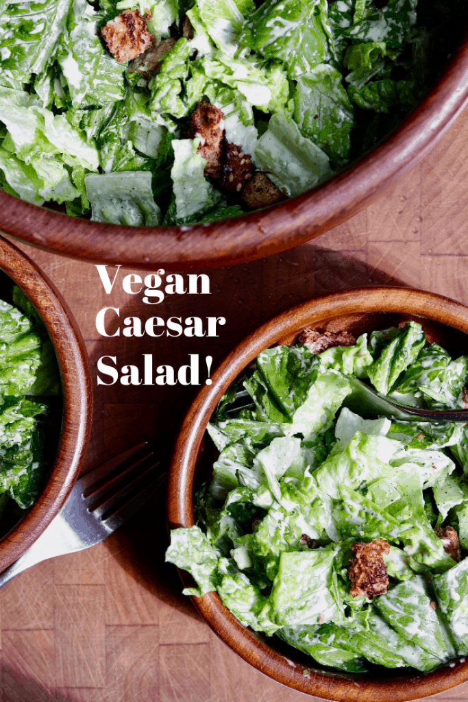 vegan caesar salad mixed in three bowls