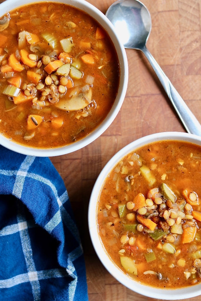 two bowls of vegan lentil soup 