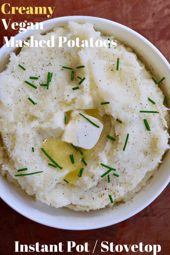 vegan mashed potatoes in a white bowl with melted butter