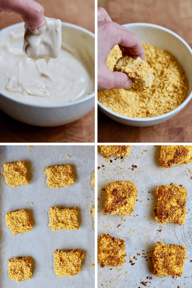 four picture collage of vegan chicken nuggets being dipped battered and baked