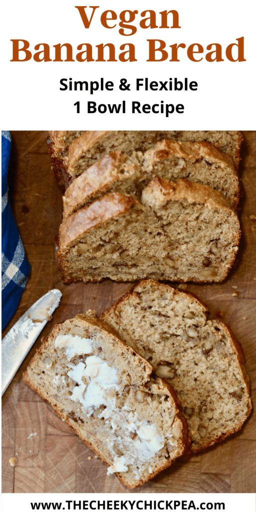 vegan banana bread sliced on a counter with vegan butter