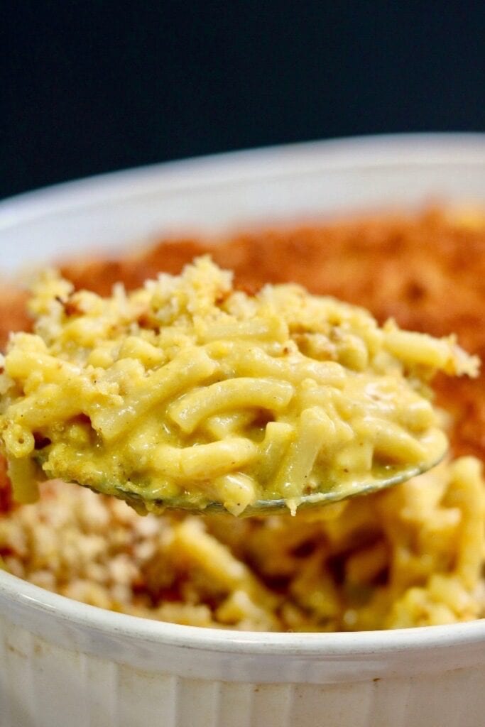 vegan mac and cheese baked in a casserole dish