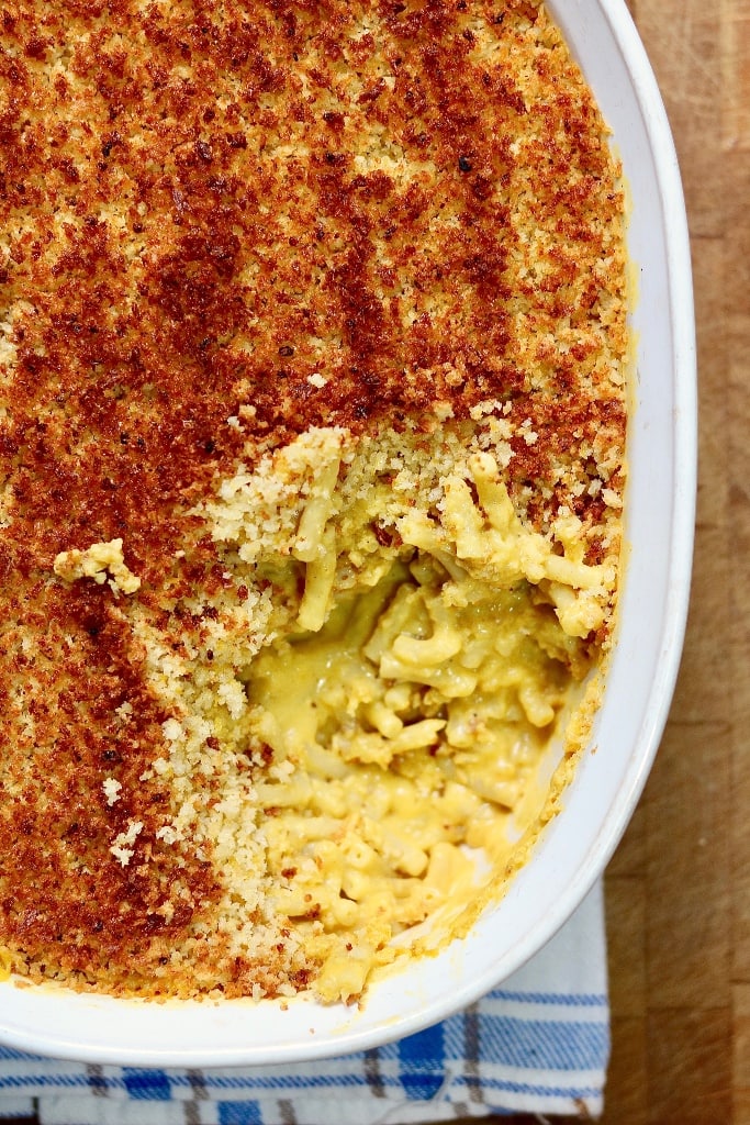 overhead view of baked mac and cheese in a casserole dish