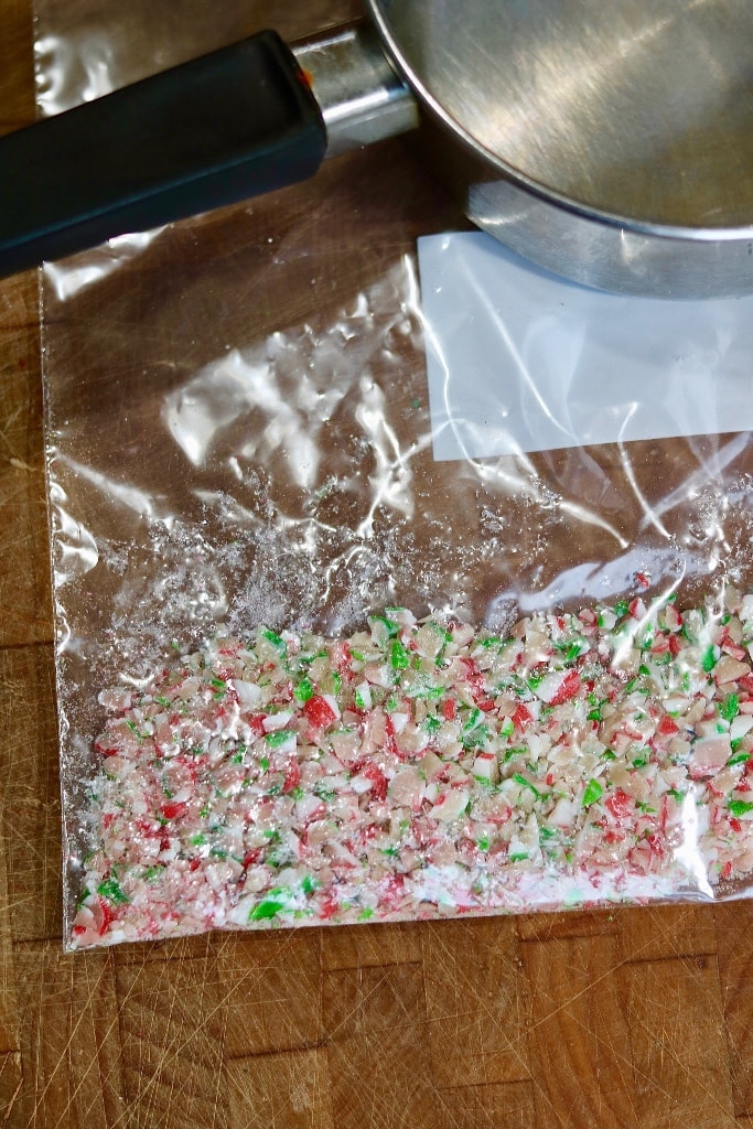 crushed candy canes in a freezer bag