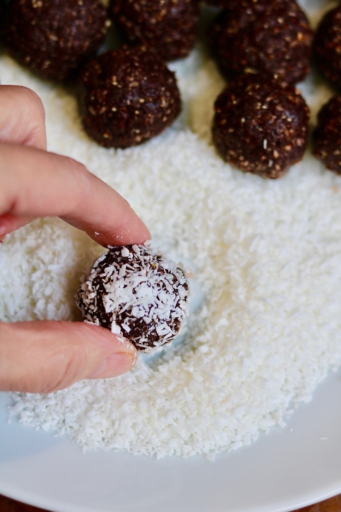 chocolate balls rolled in coconut