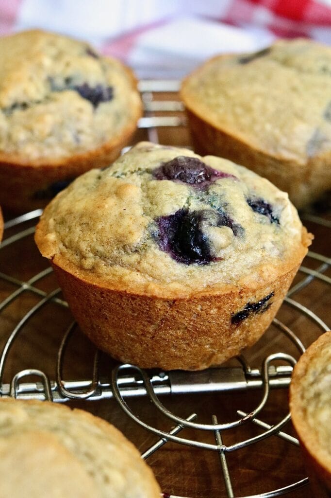 vegan blueberry muffins on a cooling rack