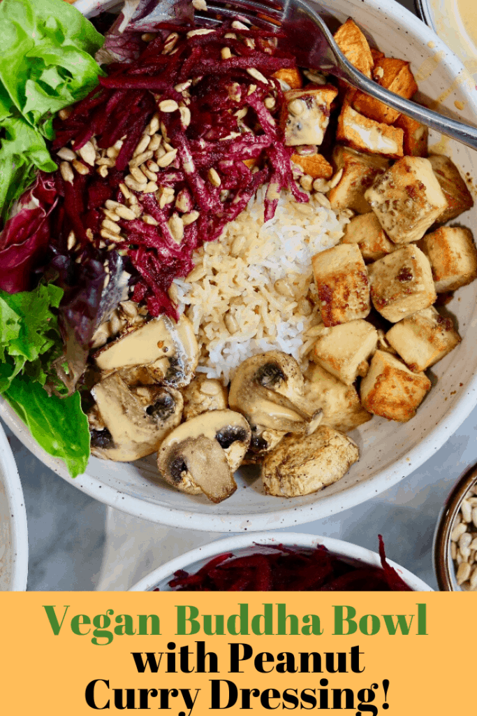 vegan buddha bowl filled with veggies and rice tofu mushrooms