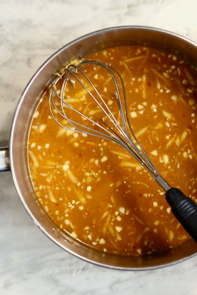 vegan orange sauce in a pot