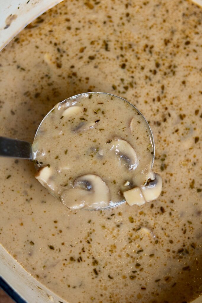  a big ladle full of vegan cream of mushroom soup in a pot