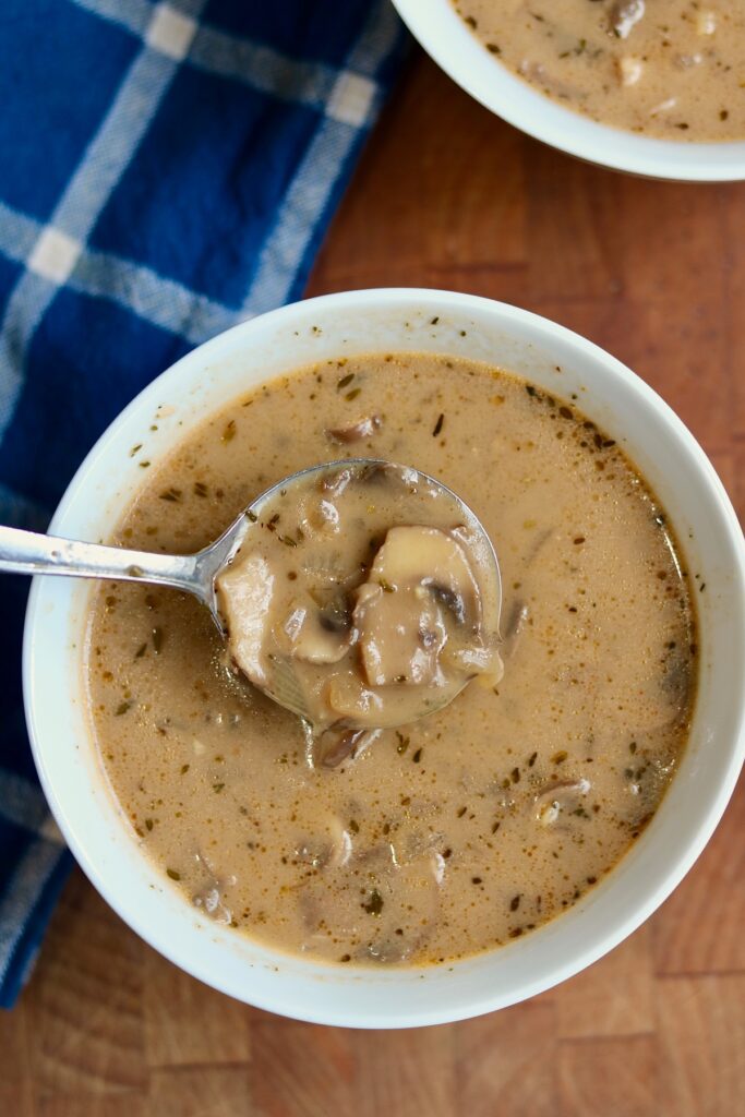 a spoonful of vegan cream of mushroom soup in a bowl 