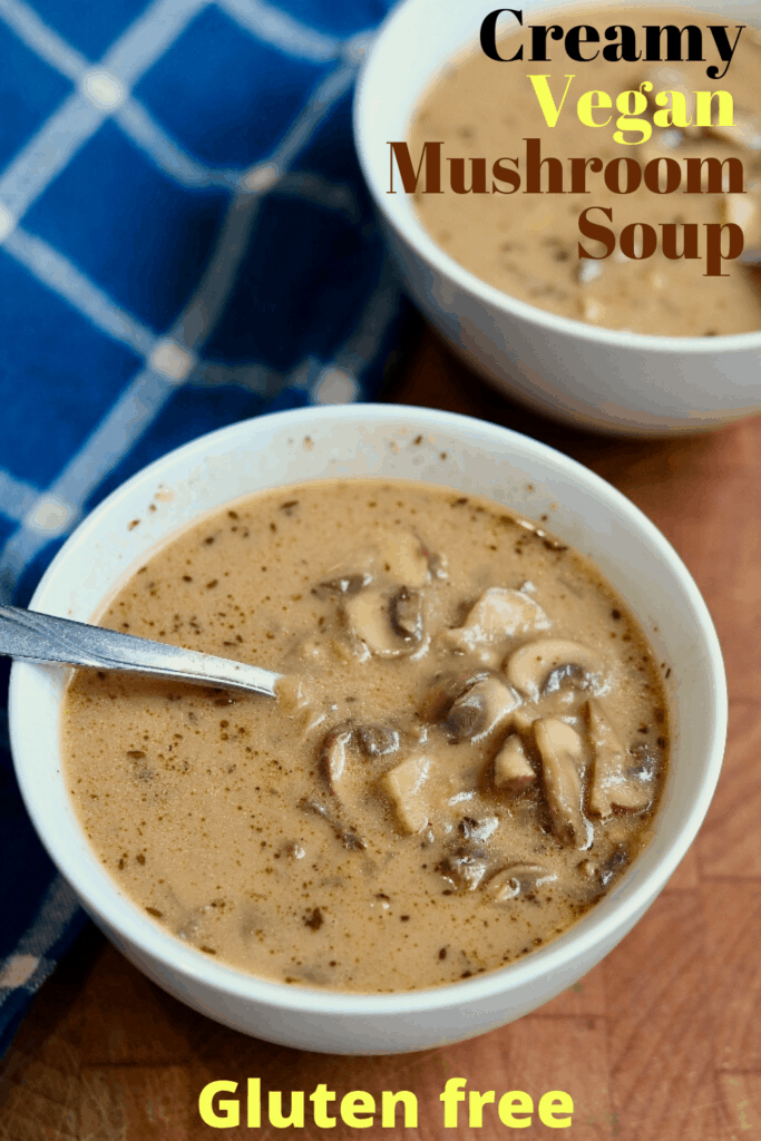 vegan mushroom soup in a white bowl with a spoon
