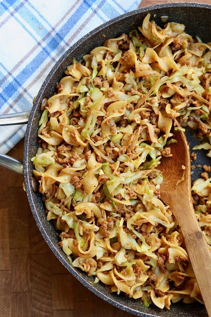 cabbage and noodles in a large skillet