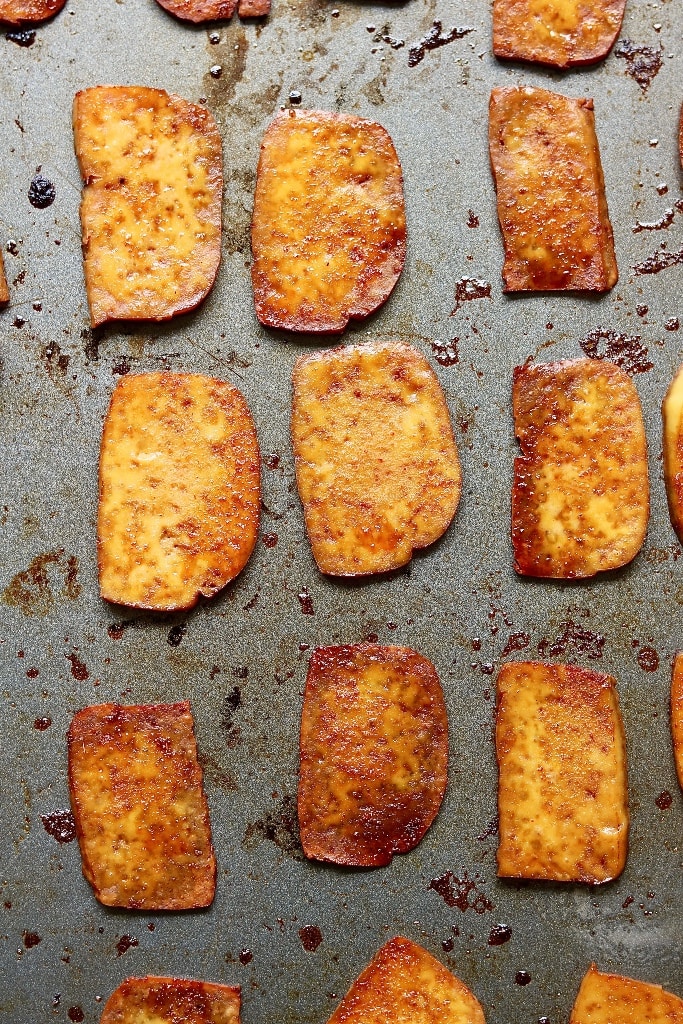 tofu bacon cooked on a baking sheet