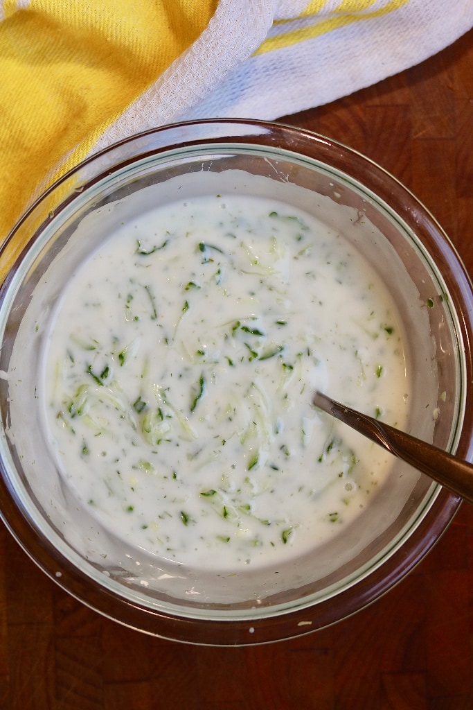 tzatziki sauce all mixed together in a bowl