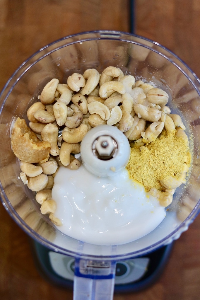ingredients for vegan cream cheese in a food processor 